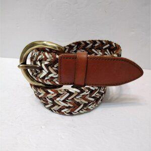 Fossil Women's Braided Leather Belt With Brass Buckle, Brown White Gold, Size S